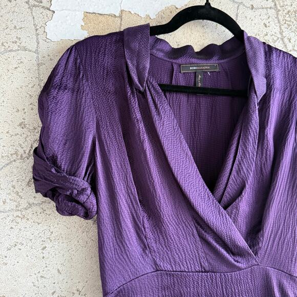 BCBGMAXAZRIA Dress 100% Silk Mini Deep Purple Short Sleeve Women XS Quiet Luxury - Picture 10 of 10